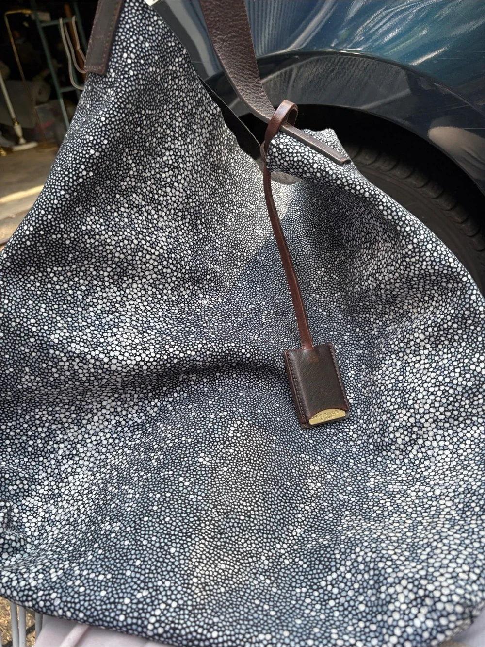 Linde Gallery Speckled Navy Hobo Suede Tote with Brown Trim